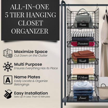 DECOLURE 5-Tier Adjustable Hanging Closet Organizer – Maximize Hanging Storage w/ 4 Hanging Hooks, 8 S Hooks & 5 Name Plates - Sturdy Foldable Wire Storage Hanging Shelves for Clothes, Towels (White)
