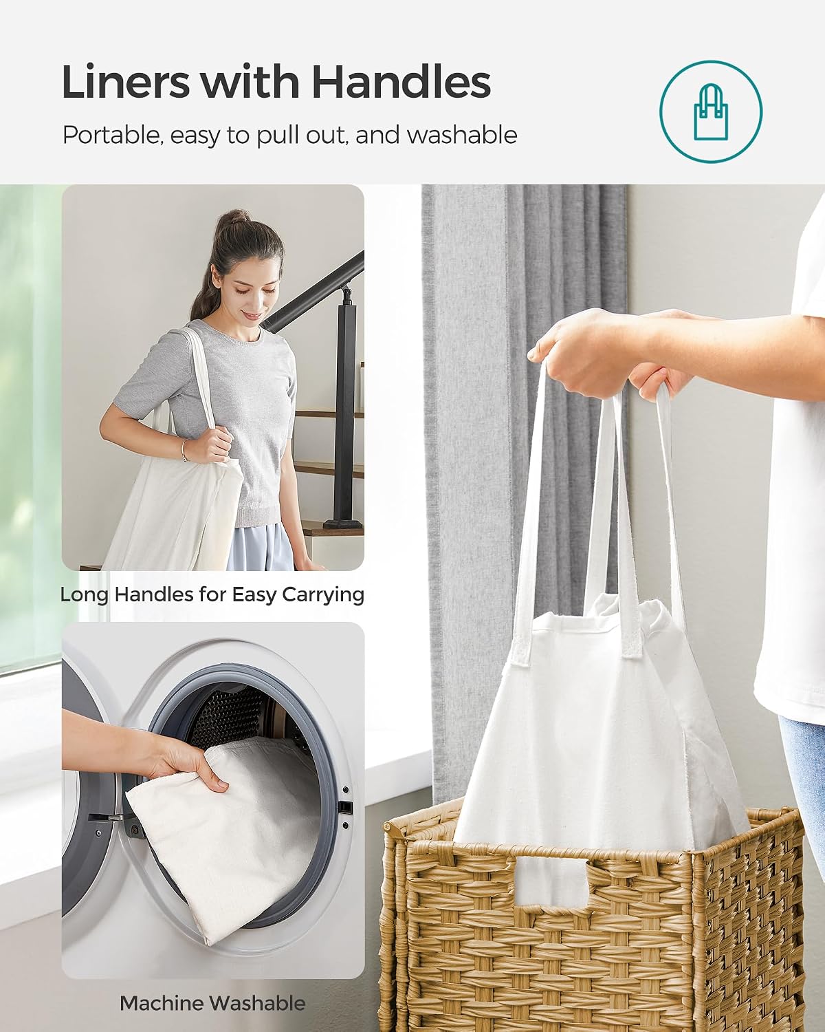 SONGMICS Laundry Hamper with Lid, 23.8 Gallon (90 L) Synthetic Rattan Clothes Laundry Basket with Lid and Handles, Foldable, Removable Liner, Chestnut Brown ULCB051K02