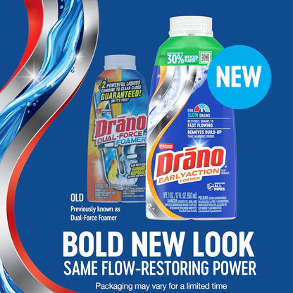 Drano EarlyAction Foamer, Drain Clog Remover & Cleaner, Unclogs Hair, Grease, Soap & Slow Drains, Removes Sources of Odor, Safe for Septic, Pipes, Garbage Disposals, Showers & Sinks, 17 Fl Oz