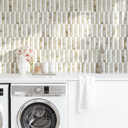 Vamos Peel and Stick Backsplash Seamless Tile for Kitchen and Bathroom,White and Beige Slate PVC Mixed Light Gold Self Adhesive Fish Scale Metal Mosaic Tiles (10 Sheets)