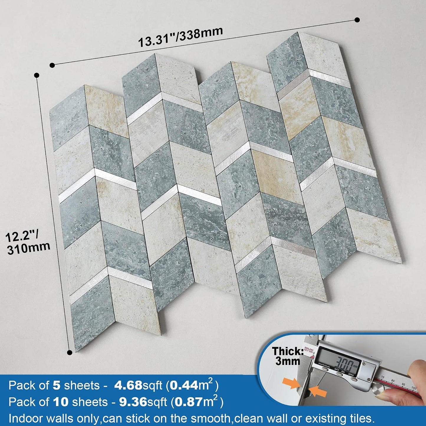 MOFIT Peel and Stick Backsplash for Kitchen,3D Wall Panel Peel and Stick Tile Self Adhesive Backsplash for Bathroom Tile Stickers Diamond (5Sheets,Blue Green Gray)