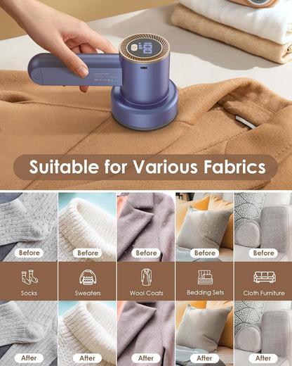 Fabric Shaver Fuzz Remover Rechargeable, HOMEASY Electric Lint Remover Shaver with 3 Blades & LED Digital Display, Sweater Couch Fabric Pill Shaver for Sweater, Couch, Furniture (White)