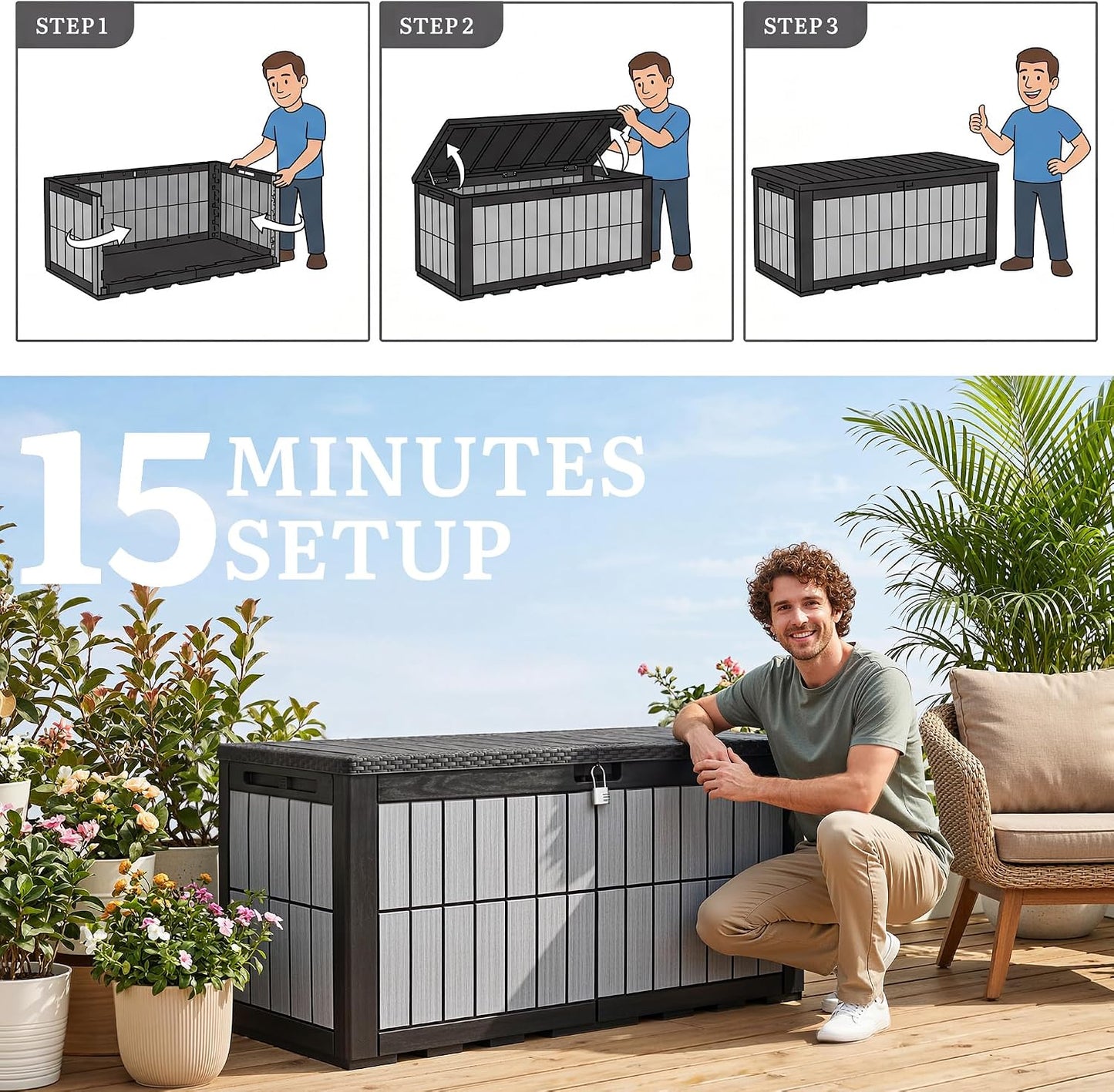 YITAHOME 134 Gallon Large Deck Box | Waterproof Resin Outdoor Storage Box with Lock, Doubles as 2-Person Bench Seating for Patio Furniture Cushions,Garden Tools &