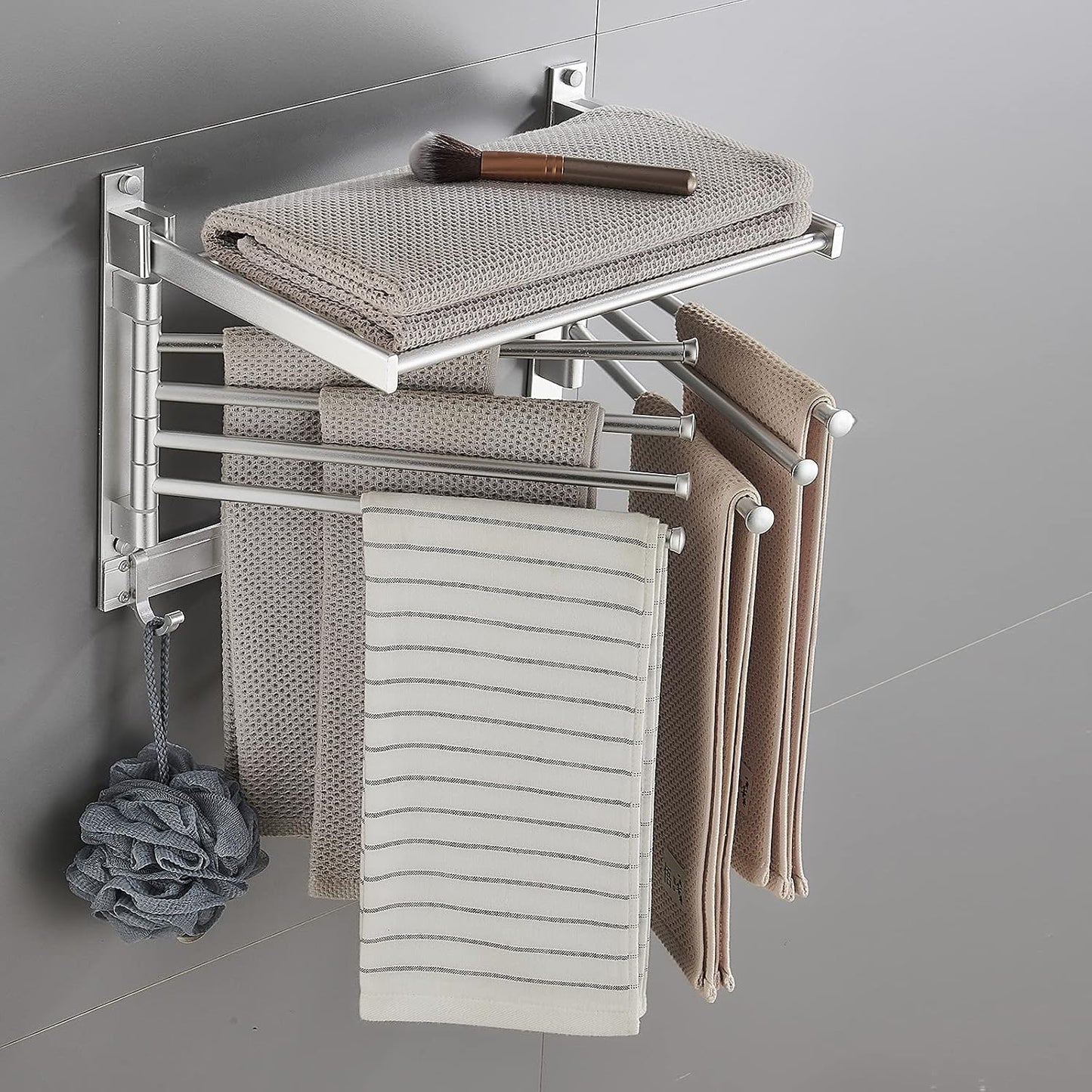 Laundry Clothes Drying Rack, Wall Mounted Swivel Towel Rack with Hooks and Swing Arms, Space Saver in Laundry Room and Bathroom, Space Aluminum