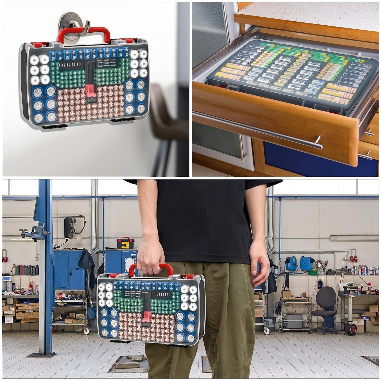 FULLCASE Double-Sided Battery Storage Organizer Case with BT-168 Tester, Holds 269, Fits AA AAA AAAA C D 9V 18650 CR123A CR2 23A 4LR44 and Coin Cells, Water-Resistant, Portable Handle - Deep Blue
