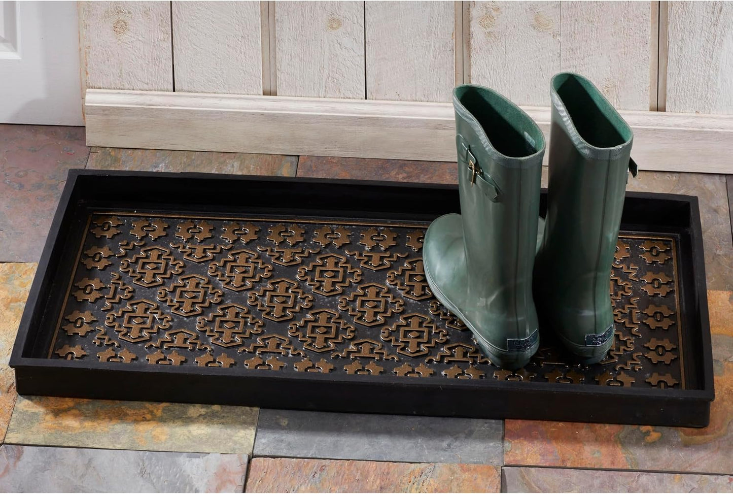 HF by LT Colorado Premium Rubber Boot Tray, 34 x 14 inches, Heavy Duty Vulcanized Rubber Design, One-Piece Seamless Construction, Year Round Use Indoors/Outdoors, Black with Brushed Brass