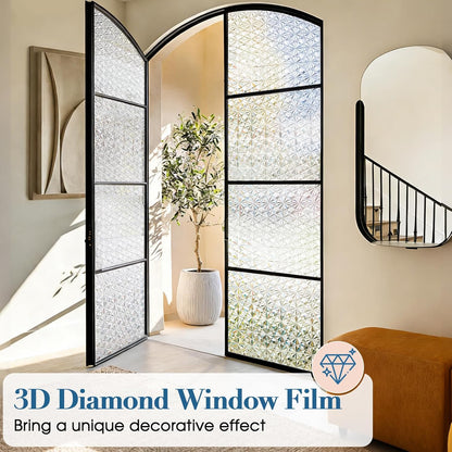 Windimiley 3D Diamond Frosted Window Privacy Film, Static Cling No-Glue Removable Vinyl, UV Blocking Heat Control for Bathroom Bedroom Door, 17.5 x 78.7 inch
