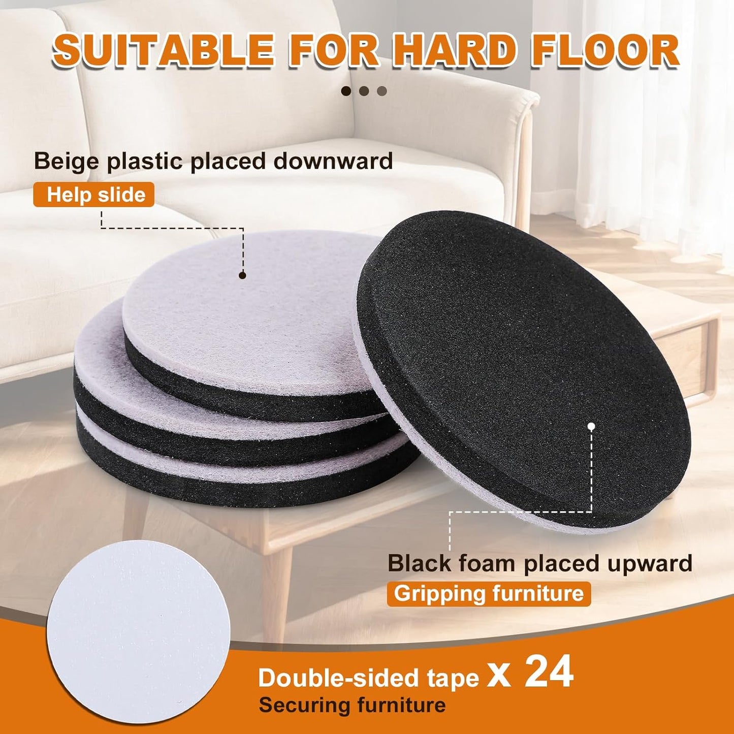 Furniture Sliders 24 PCS 3 1/2” Felt Furniture Sliders Furniture Pads for Hardwood Floors Felt Furniture Slider for Heavy-Duty Furniture Reusable Moving Pads Floor Protectors for Furniture
