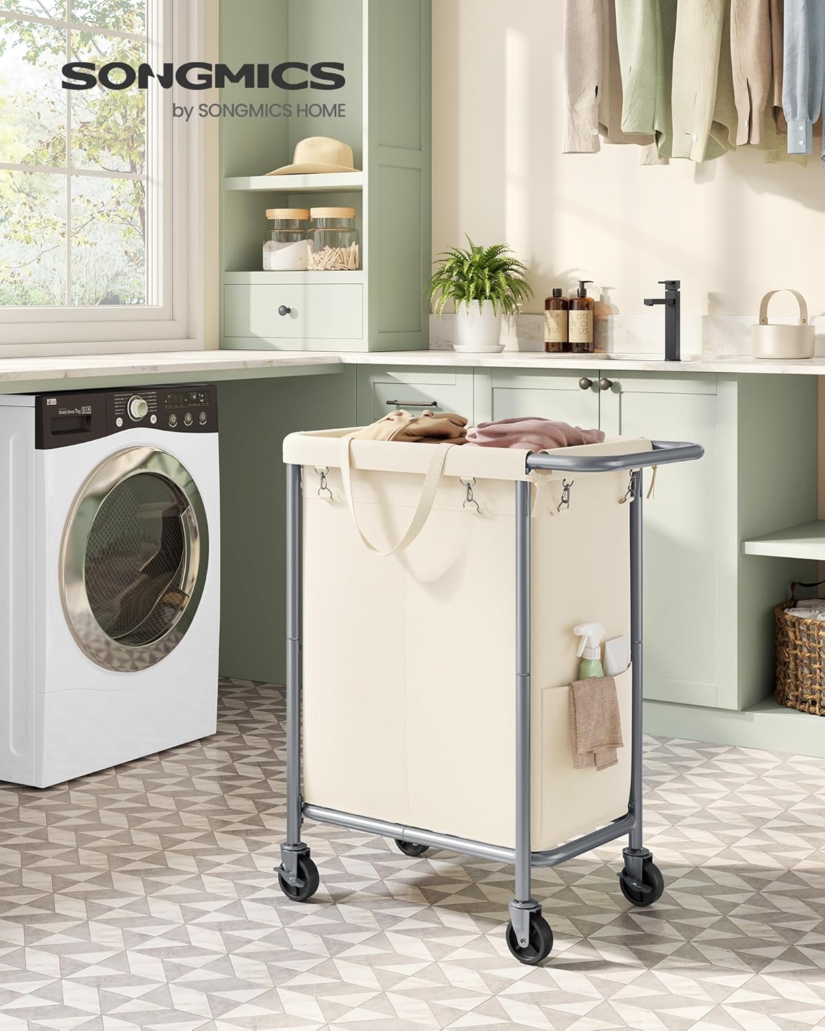 SONGMICS Laundry Basket with Wheels, 3-Section Rolling Laundry Hamper, 52.8 Gallons (200 L), Removable Liner, Steel Frame with Handle, 35.8 x 15.4 x 31.9 Inches, Cream White URLS005W01