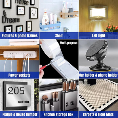 Double Sided Tape Heavy Duty,Removable Clear Nano Mounting Tape,Picture Hanging Adhesive Strips,Tough & Clear Weatherproof for Indoor/Outdoor Use,Perfect for Picture Hanging & Carpet-10FT
