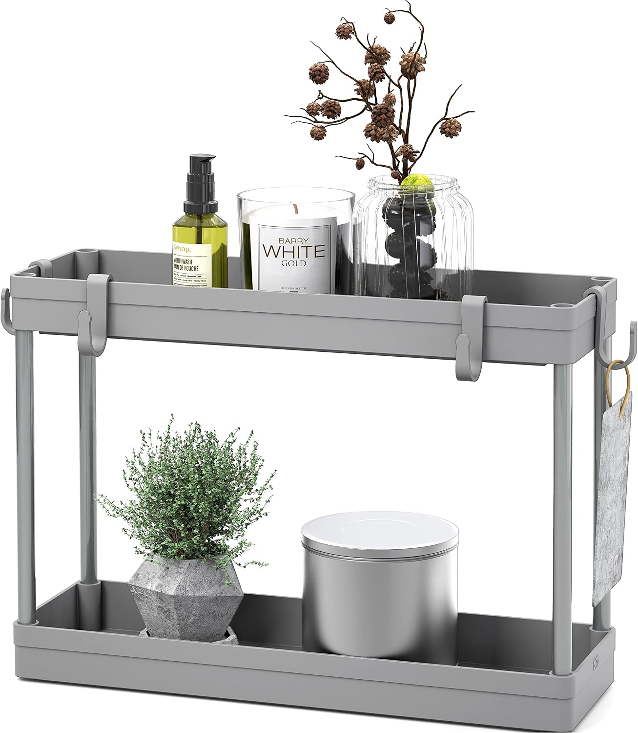 Simple Houseware 2-Tier Under Sink Organizer Storage Tray with Hooks, White