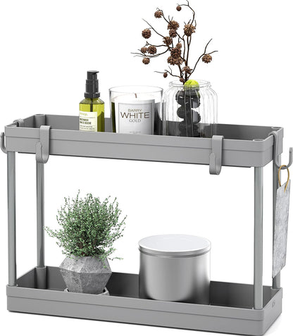 Simple Houseware 2-Tier Under Sink Organizer Storage Tray with Hooks, White
