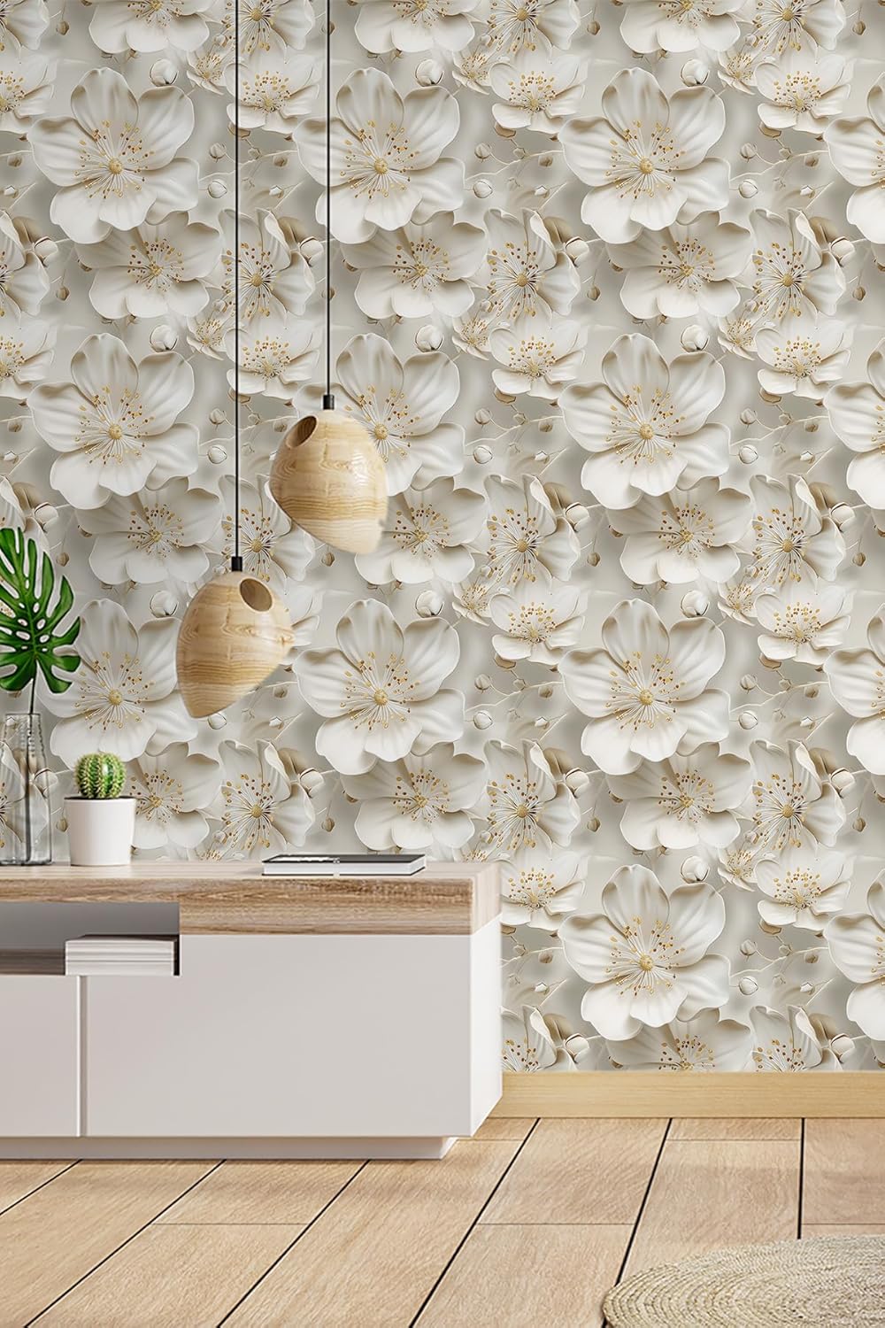 Floral Peel and Stick Wallpaper 3D Effect Interior Wall Décor Contact Paper Self Adhesive Removable Renter Friendly for Bedroom Living Cabinet Room 17.7in x 9.8ft (Not Textured Wallpaper