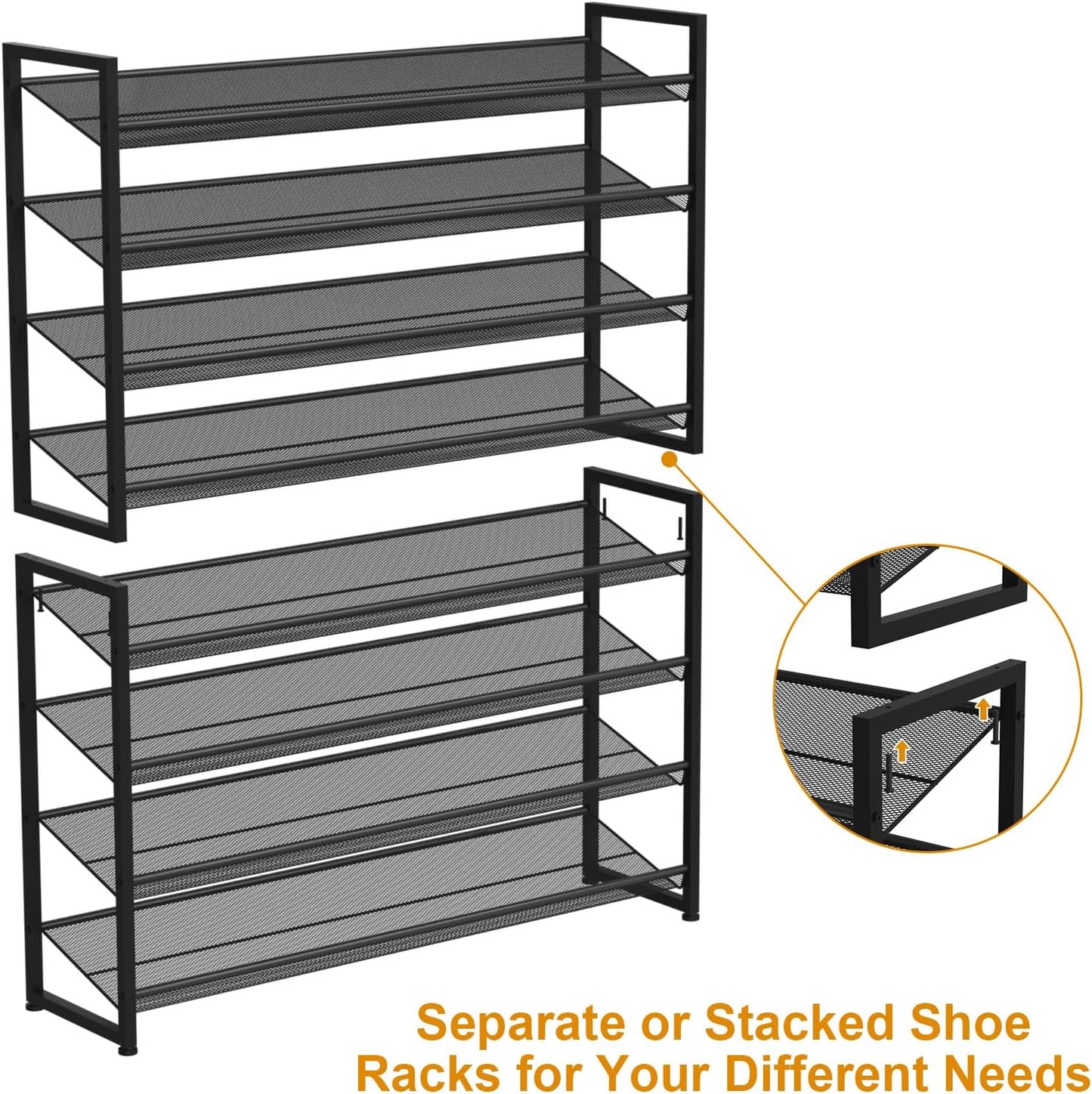Large Shoe Rack 8 Tier Shoe Organizer, Heavy Duty Metal 4-Tier Stackable Shoe Storage Vertical Shoe Rack for Closet Front Door Entrance, Up to 50 Pairs, 44.8" W x 11.4" D x 56.7" H, Black