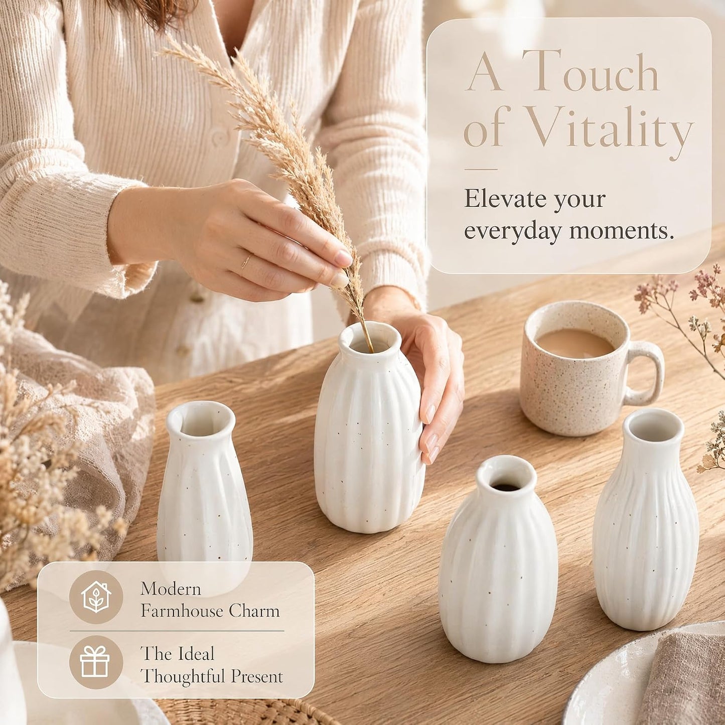 Set of 4 Small White Ceramic Vases Table Flower Vase Modern Decorative Vases for Pampas Grass, Small Vase for Home Living Room Dining Table Farmhouse Office Decor-4.9inch High