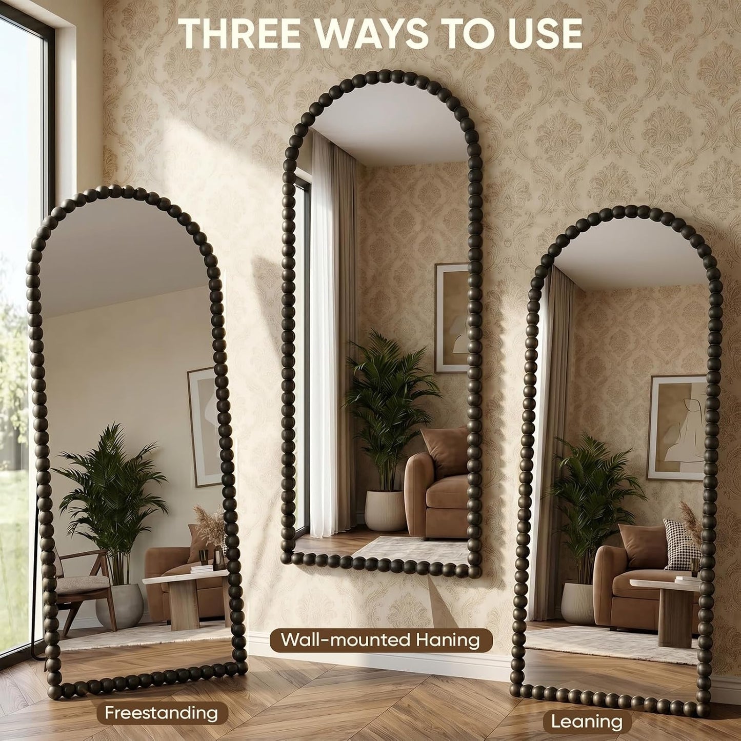 Antok 58" x 21" Arched Full Length Mirror, Antique Beaded Frame Floor Standing or Wall Mounted Mirror with Stand for Bedroom, Entryway, Brown, Luxury Style