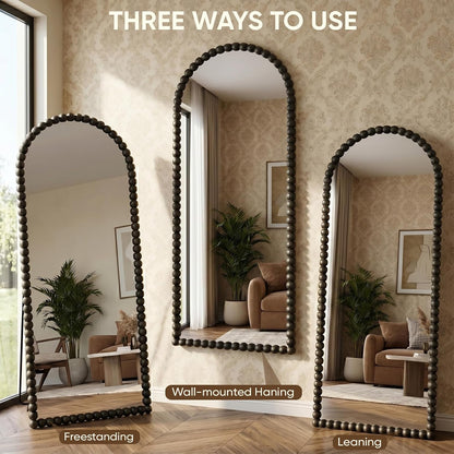 Antok 58" x 21" Arched Full Length Mirror, Antique Beaded Frame Floor Standing or Wall Mounted Mirror with Stand for Bedroom, Entryway, Brown, Luxury Style