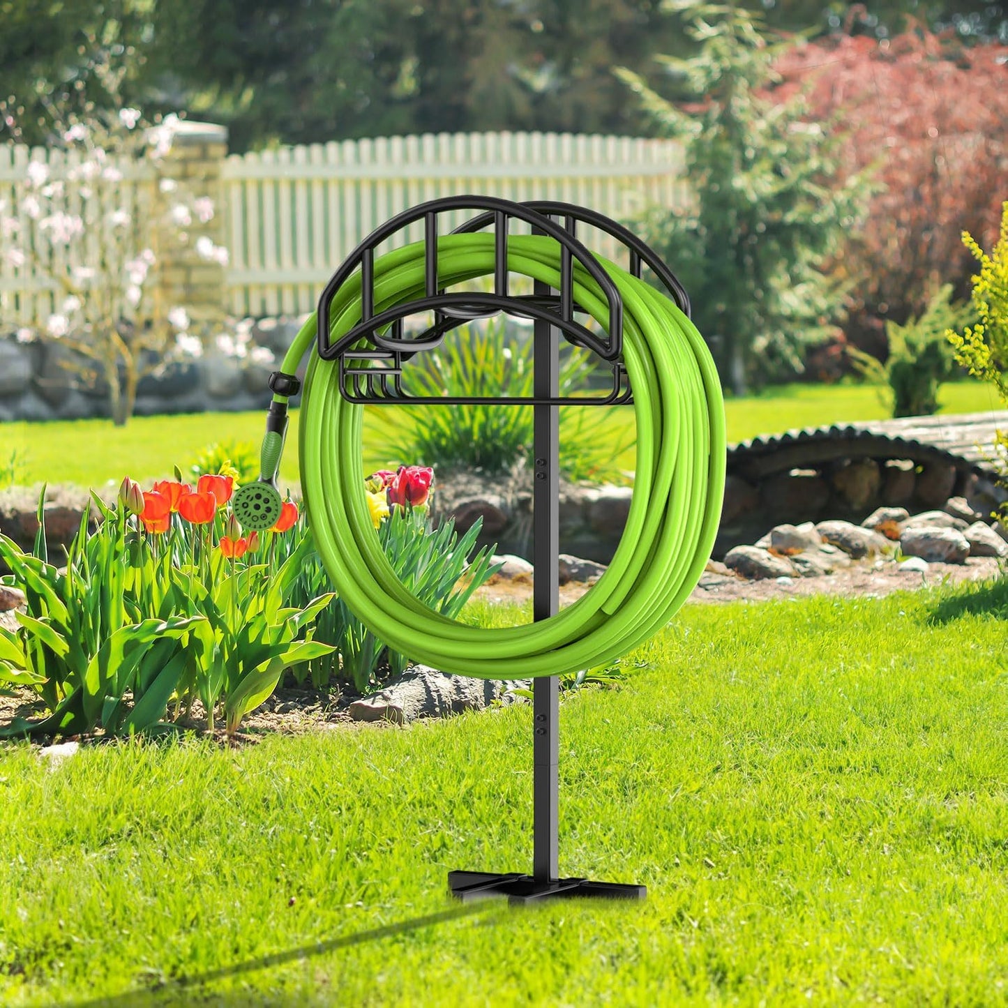 Garden Hose Holder Reel, Upgraded Metal Hose Reels Holds 150ft Hose, Heavy Duty Freestanding Water Hose Holders, Detachable Hose Storage Hanger for Outside - Fan-Shaped