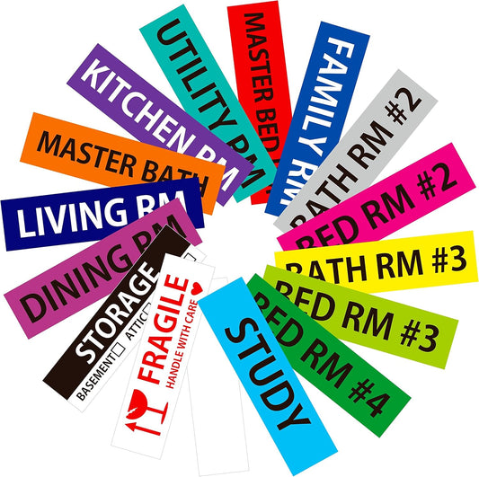 640 Pcs Removable Home Moving Labels 15 Pre-Printed Color-Coded Plus 1 Customizable Blank (Each Measures 4" x 1")