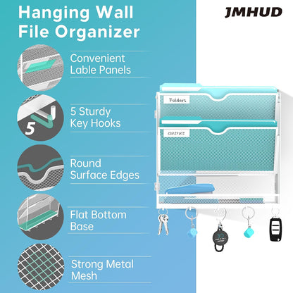 5 Tier Wall File Organizer - Hanging File Organizer with 5 Hooks, Mail Holder Wall Mounted for Papers, Folders, Magazines, Bills, Office&School Organization, Black