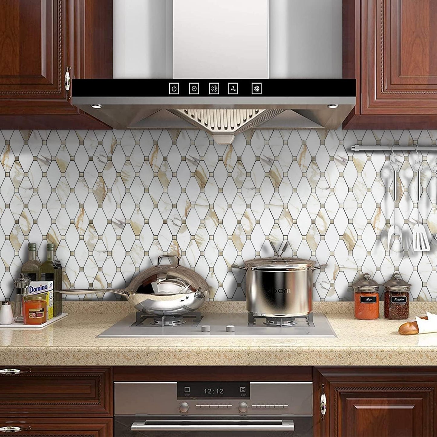 STICKGOO 10 Sheets Peel and Stick Backsplash, Polished Dolomite PVC Mixed Metal Gold Kitchen Backsplash, Stick on Backsplash Wall Tiles for Kitchen, Bathroom, RV