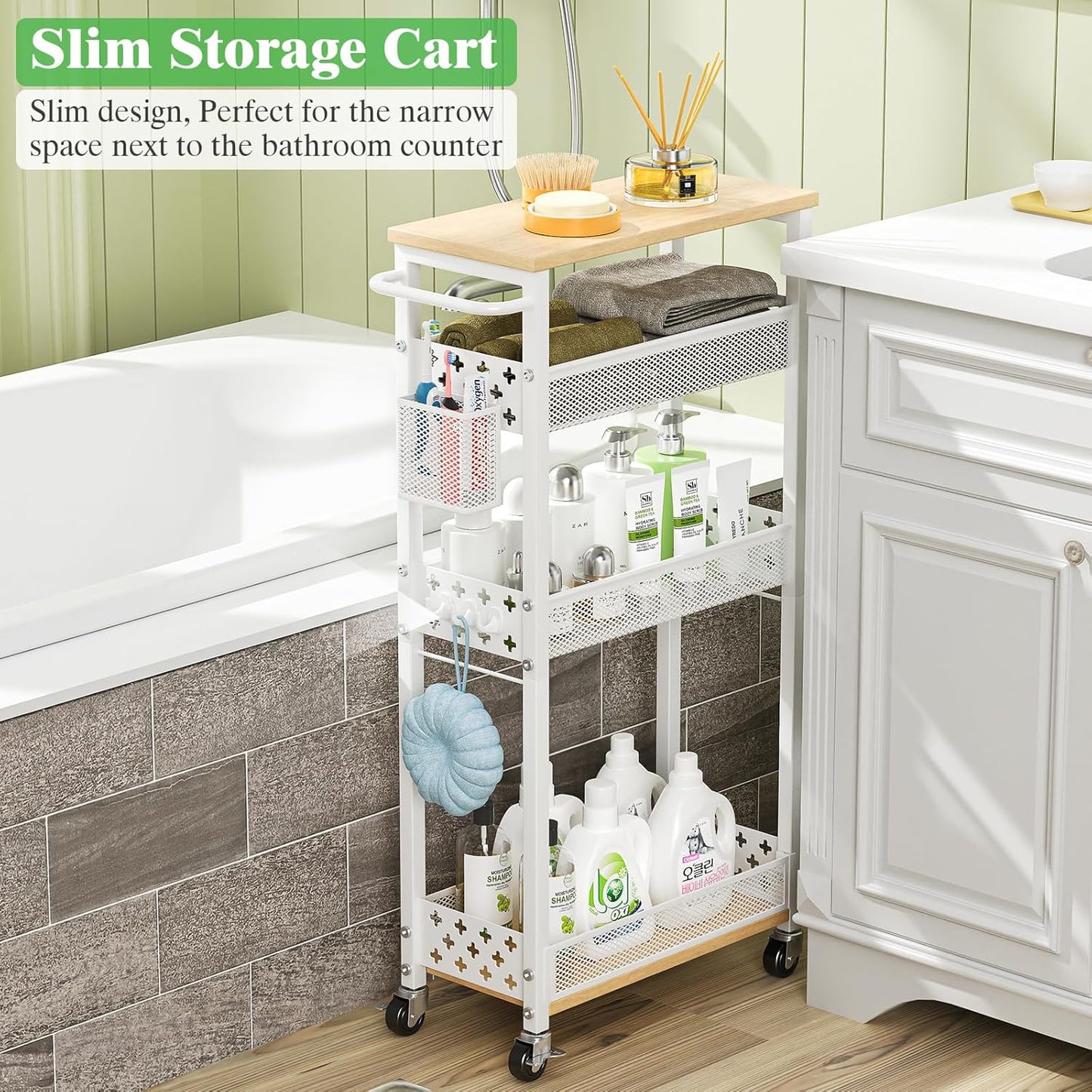 4 Tier Slim Rolling Storage Cart, Laundry Room Cart on Wheels, Small Metal Bathroom Cart Kitchen Organizer Trolley with Handle and Mesh Basket, 7.1 inch Width for Narrow Space, Black