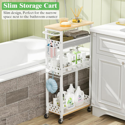 4 Tier Slim Rolling Storage Cart, Laundry Room Cart on Wheels, Small Metal Bathroom Cart Kitchen Organizer Trolley with Handle and Mesh Basket, 7.1 inch Width for Narrow Space, Black