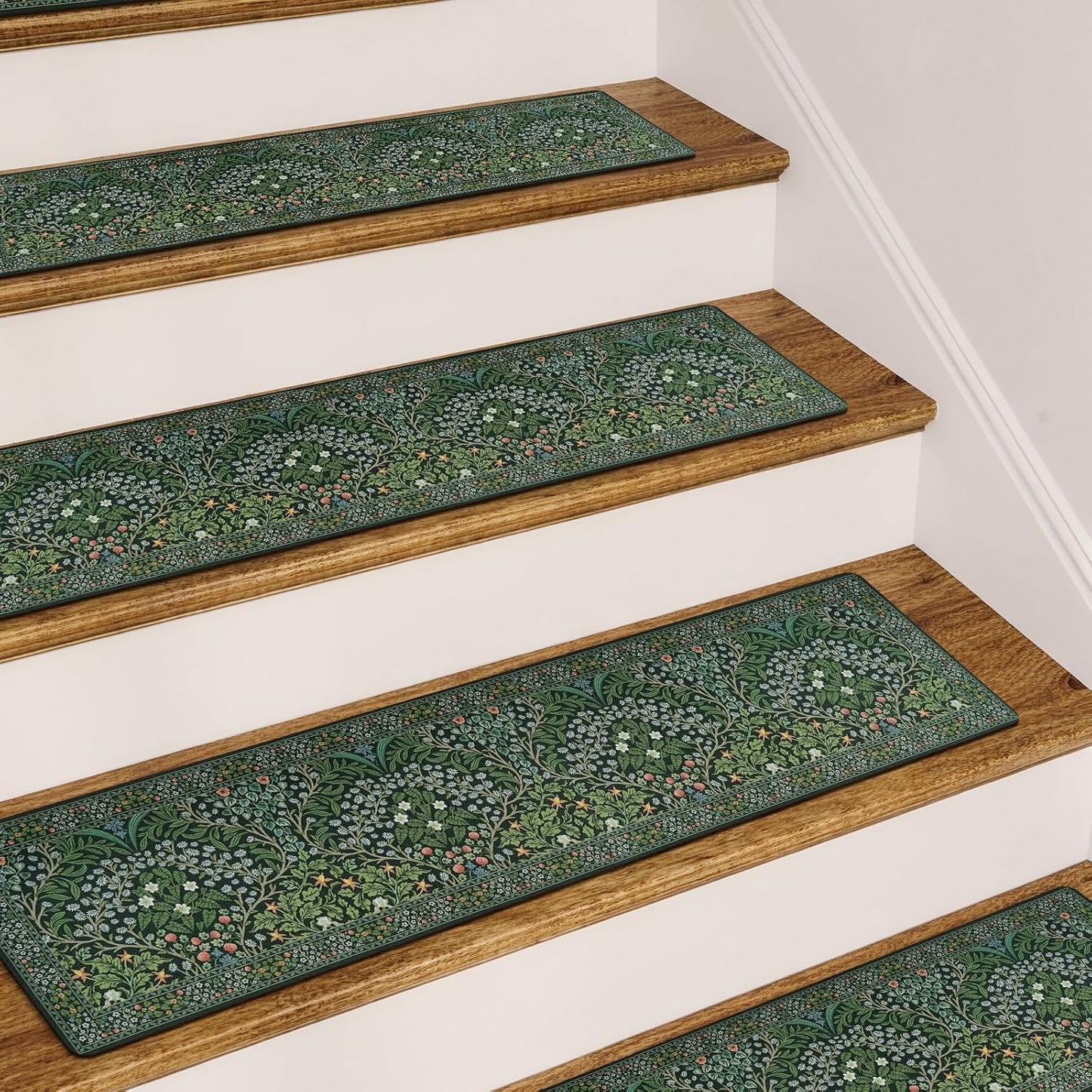 OJIA Floral Stair Treads Non-Slip Stair Runner for Wooden Steps Indoor 15PCS 30"x8" Carpet Stair Treads Stair Mats Staircase Step Treads for Kids, Elders and Dogs, Stair Covers, Black