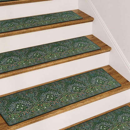 OJIA Floral Stair Treads Non-Slip Stair Runner for Wooden Steps Indoor 15PCS 30"x8" Carpet Stair Treads Stair Mats Staircase Step Treads for Kids, Elders and Dogs, Stair Covers, Black