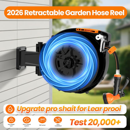 Retractable Garden Hose Reel, 1/2 in x 50 ft Wall Mounted Hose Reel | Anti-freeze 10-Function Sprayer Nozzle Any Length Lock Slow Return System 180°Swivel Bracke for Large Yard Lawn Car Washing