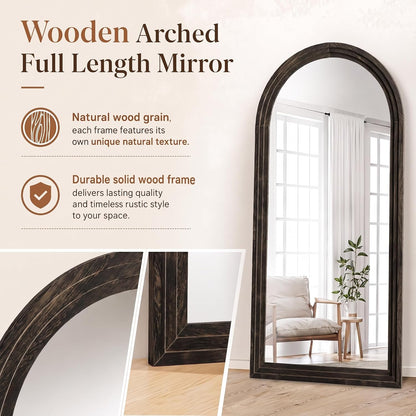 XRAMFY Full Length Mirror 65" x 22", Arched Large Floor Mirror with Solid Wood Frame, Freestanding & Wall Mounted, Antique Brown Finish for Bedroom Living Room