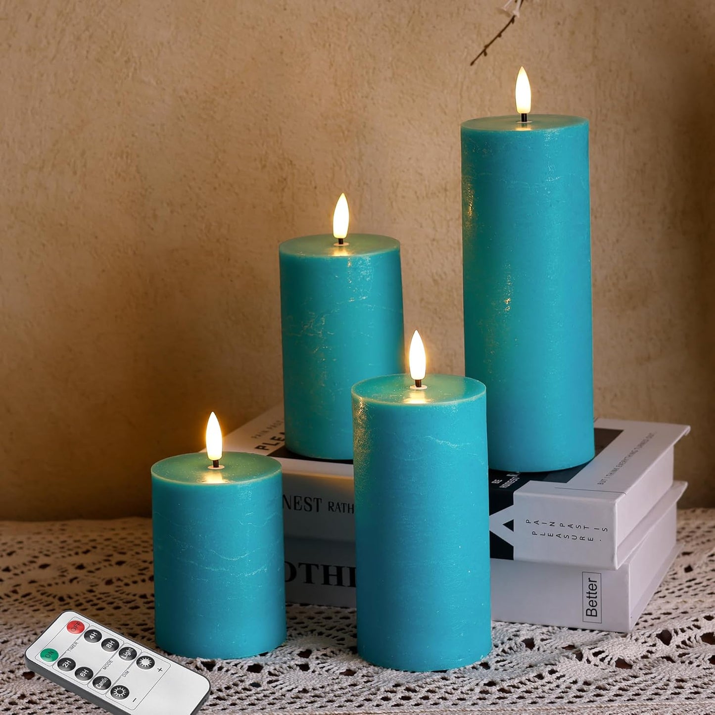 Flickering Flameless Candles, Real Wax Battery Operated Candles with Remote, Flat Top Led Flameless Pillar Candles for Home, Wedding, Party Decor, Set of 4, Φ 3" H 4" 5" 6" 8", Ivory