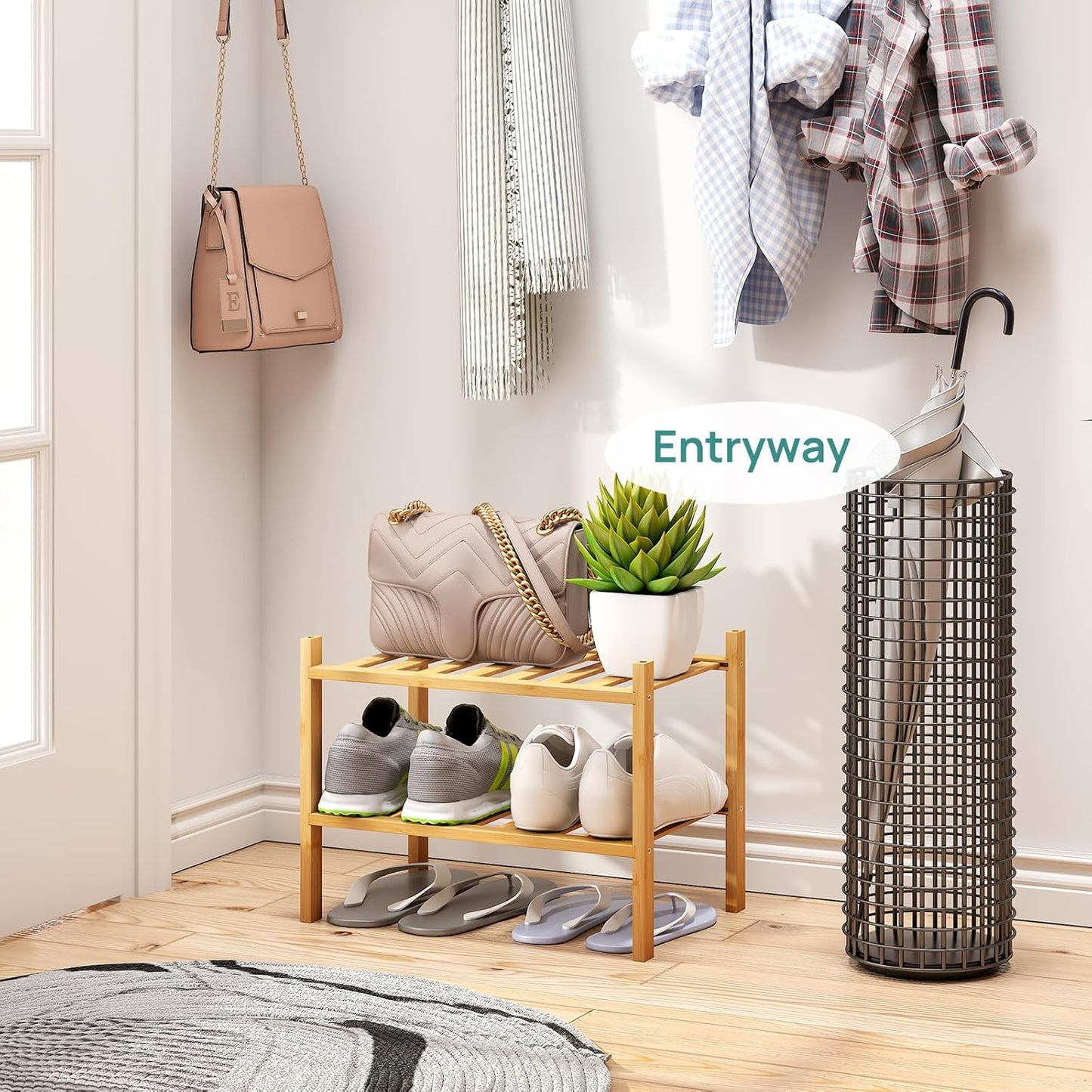 viewcare 3-Tier Black Bamboo Shoe Rack for Entryway, Stackable | Foldable | Natural, Shoe Shelf Storage Organizer for Hallway Closet, Free Standing Shoe Racks for Indoor Outdoor