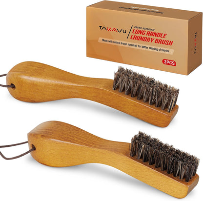 TAKAVU Laundry Stain Brush, Natural Black Boar Bristle, Safe on Delicates | Clothes Cleaning Scrubber, Stain Remover for Shirts, Collars, Cuffs & Shoes, Curved Beech Wood Handle with Hanging Loop