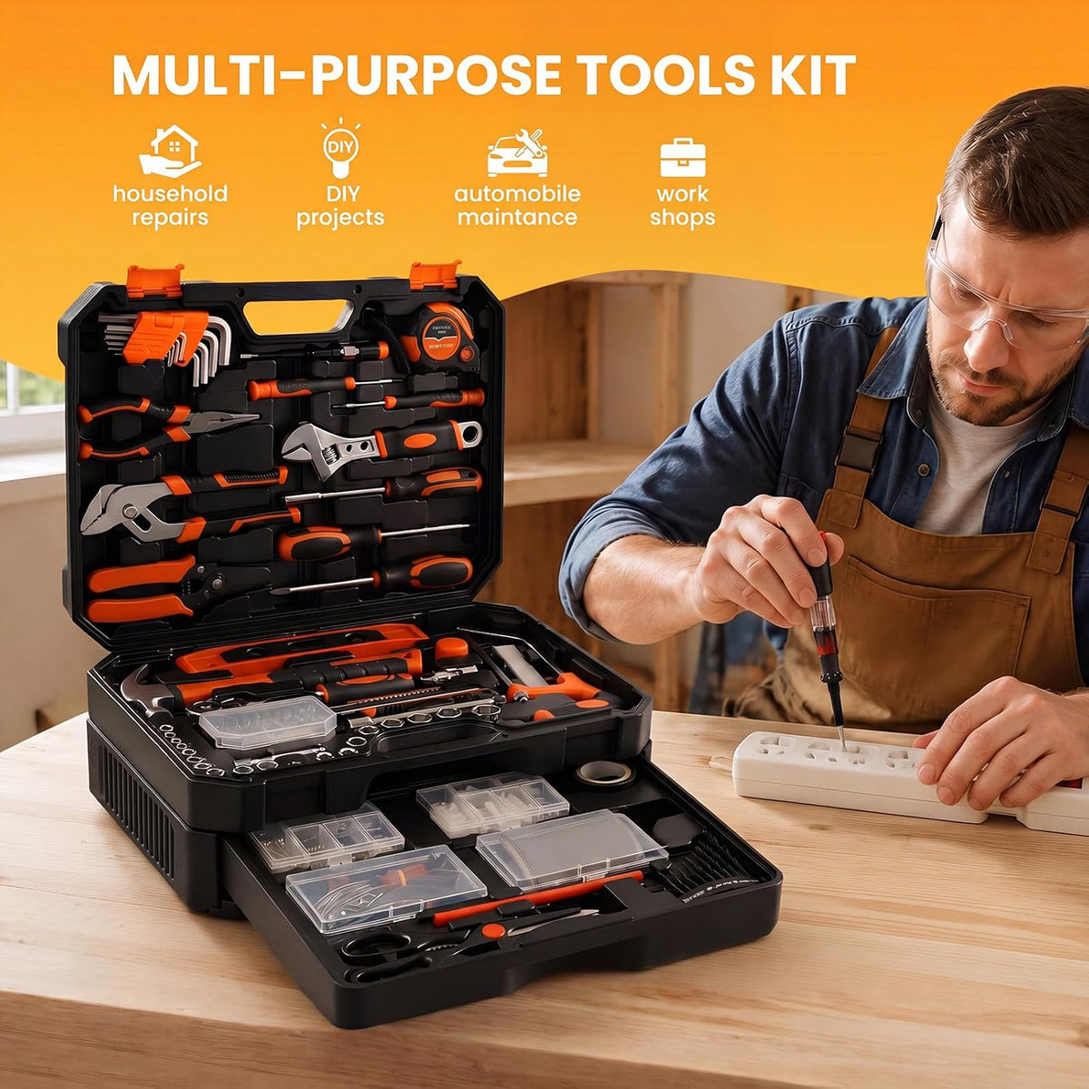 NEWBULIG 330-Piece Complete Tool Box Set, Durable Homeowners Tool Kit with Pull-Out Drawer, Versatile Home Repair Kit for Auto & Household, DIY Projects, Black-Red