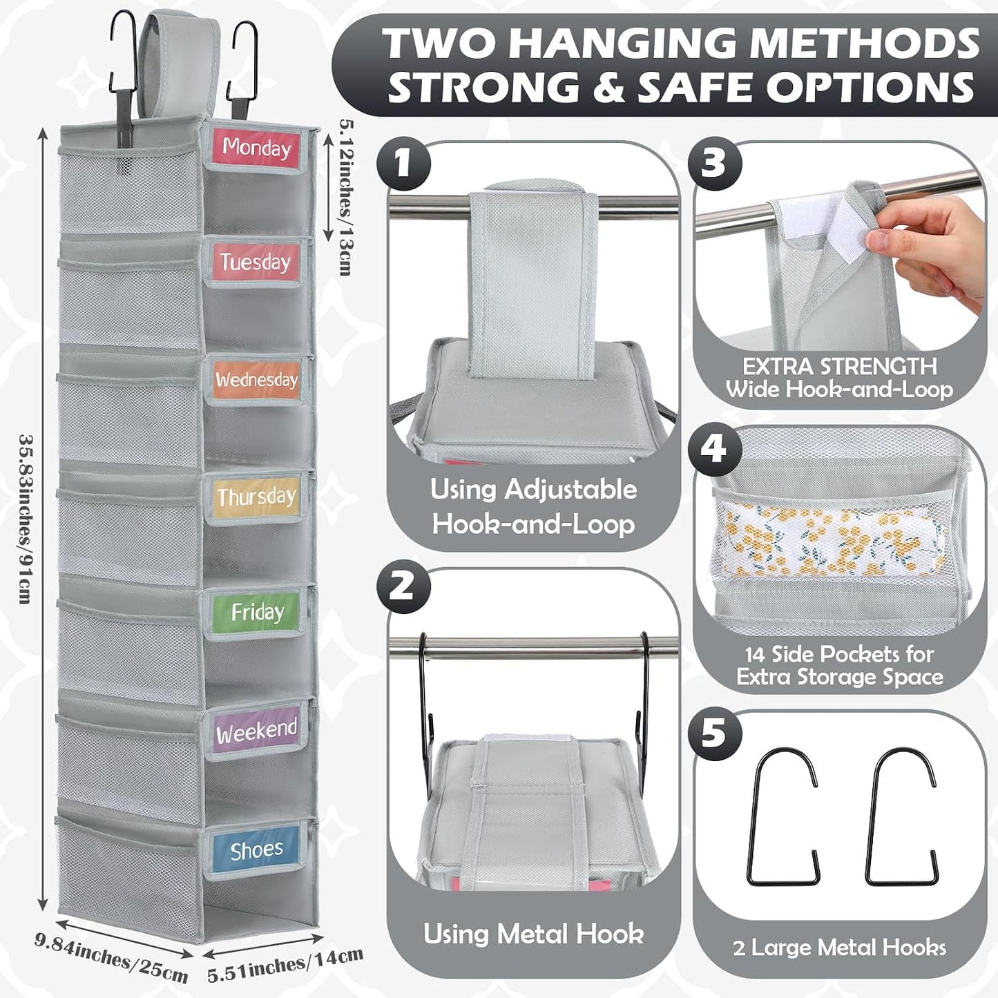 2 Pack 7 Shelf Weekly Clothes Organizer Hanging Closet for Kids with Side Pockets Weekday Shoes Rack Weekly Clothes Organizers Monday Through Weekend Foldable Storage Shelves(Black)
