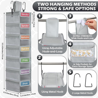 2 Pack 7 Shelf Weekly Clothes Organizer Hanging Closet for Kids with Side Pockets Weekday Shoes Rack Weekly Clothes Organizers Monday Through Weekend Foldable Storage Shelves(Black)