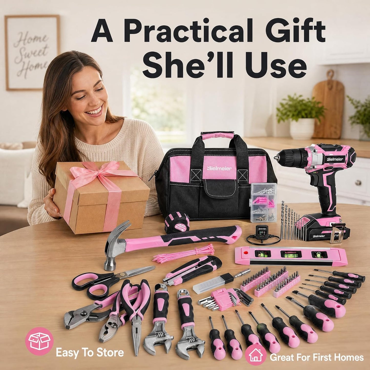 Bielmeier 20V 236Pcs Cordless Pink Drill Set for Women, Lady’s Essential Home Tool Kit with Pink Bag, Perfect DIY Electric Screwdriver Set for Home Repair & Gifts