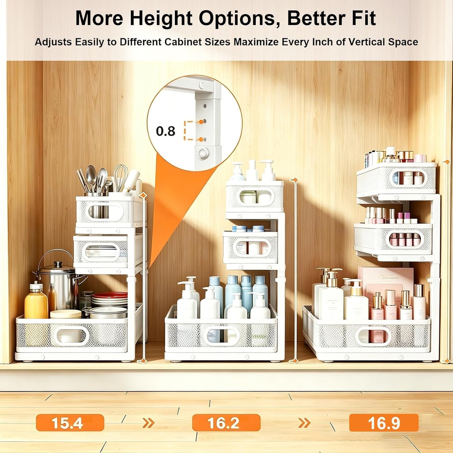 2 Pack Under Sink Organizer, 3-Tier Pull Out Kitchen Cabinet Organizer with 5 Adjustable Heights Metal Slide Out Bathroom Storage Makeup Drawer Rack for Bedroom Office Pantry Home Organization, White