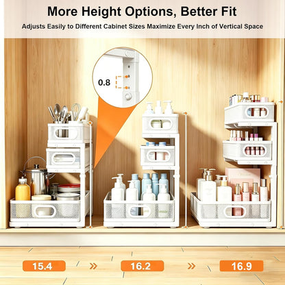 2 Pack Under Sink Organizer, 3-Tier Pull Out Kitchen Cabinet Organizer with 5 Adjustable Heights Metal Slide Out Bathroom Storage Makeup Drawer Rack for Bedroom Office Pantry Home Organization, White