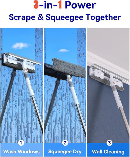 CTIME 80" Window Washing Kit with Extension Pole : Professional Window Cleaner Tool | Window Cleaning Squeegee Kit for High/Outdoor/Glass & Bathroom Surfaces with Storage Bag + 5 Microfiber Cloths