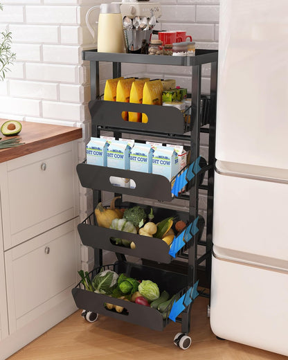 4 Tier Slim Fridge Side Cart with Slide Track Pull Out Baskets, Rolling Metal Kitchen Gap Storage Trolley