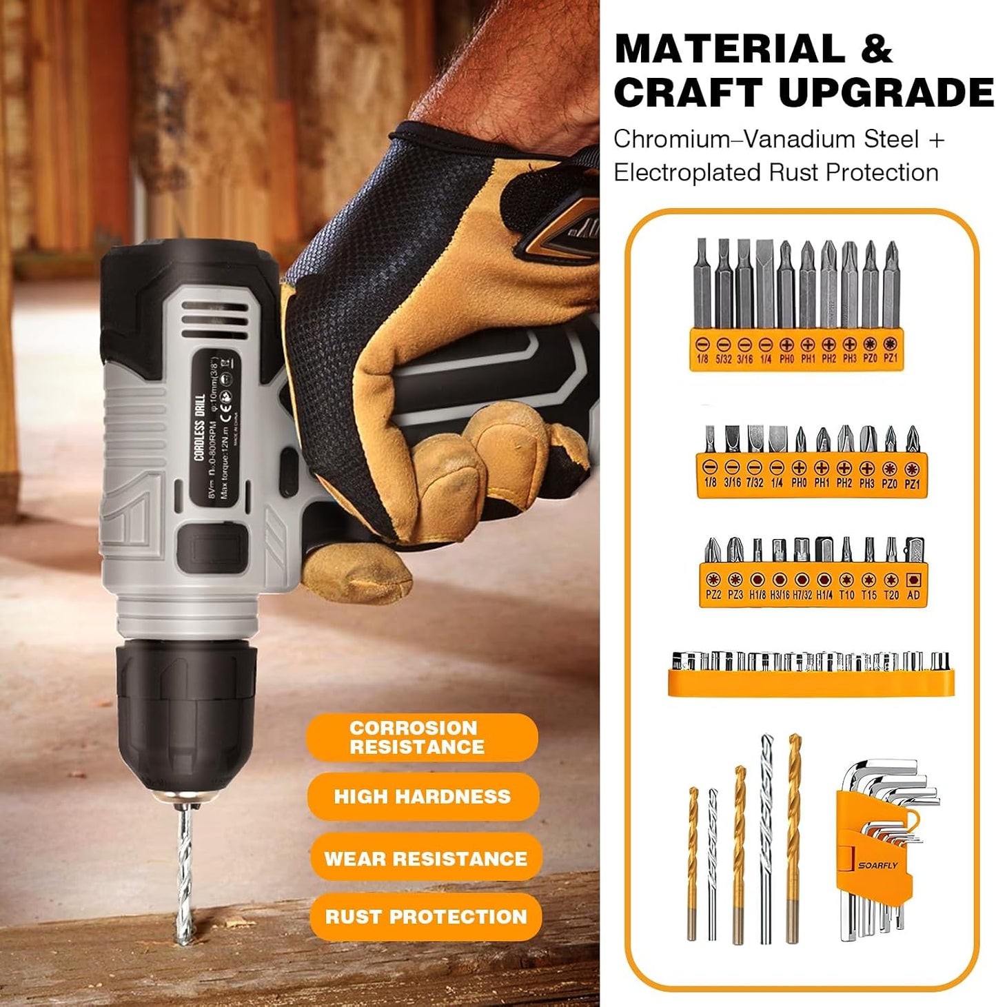 Upgraded 180 Piece Tool Set, Tool Kit with 8V Cordless Drill Set, General Household Hand Drill Kit for Men and Women, Plastic Storage Toolbox for DIYers, Home Maintenance and Everyday Repairs(Orange)