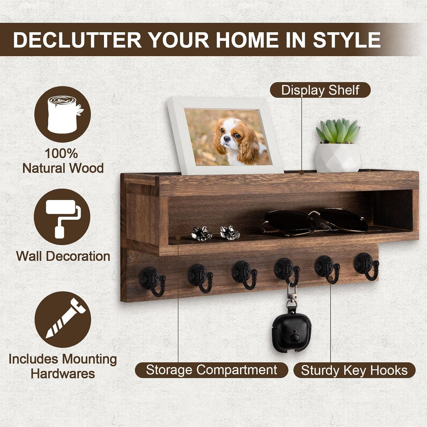 Key and Mail Holder Wall Mount, Key Hanger with Long Storage Box and 6 Hooks for Coat, Dog Leash, Home Decor Rack, House Accessories, Entry Way Organizer (Brown)