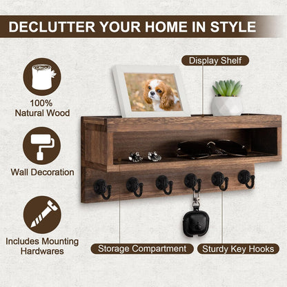 Key and Mail Holder Wall Mount, Key Hanger with Long Storage Box and 6 Hooks for Coat, Dog Leash, Home Decor Rack, House Accessories, Entry Way Organizer (Brown)