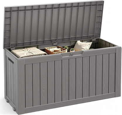 Fancyango 75 Gallon Outdoor Deck Box Waterproof, Large Storage Box for Patio, Resin Storage Bench Lockable for Garden Tools, Package Delivery, Black