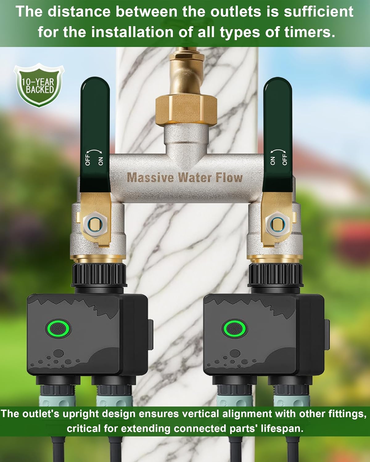 Hose Splitter 2 Way Heavy Duty, Garden Hose Splitter with 304 Stainless Steel Long Handle, Full Flow Brass Nickel Plated Water Hose T Spigot Splitter Adapter Connector, 3/4 - Inch GHT Thread (Blue)
