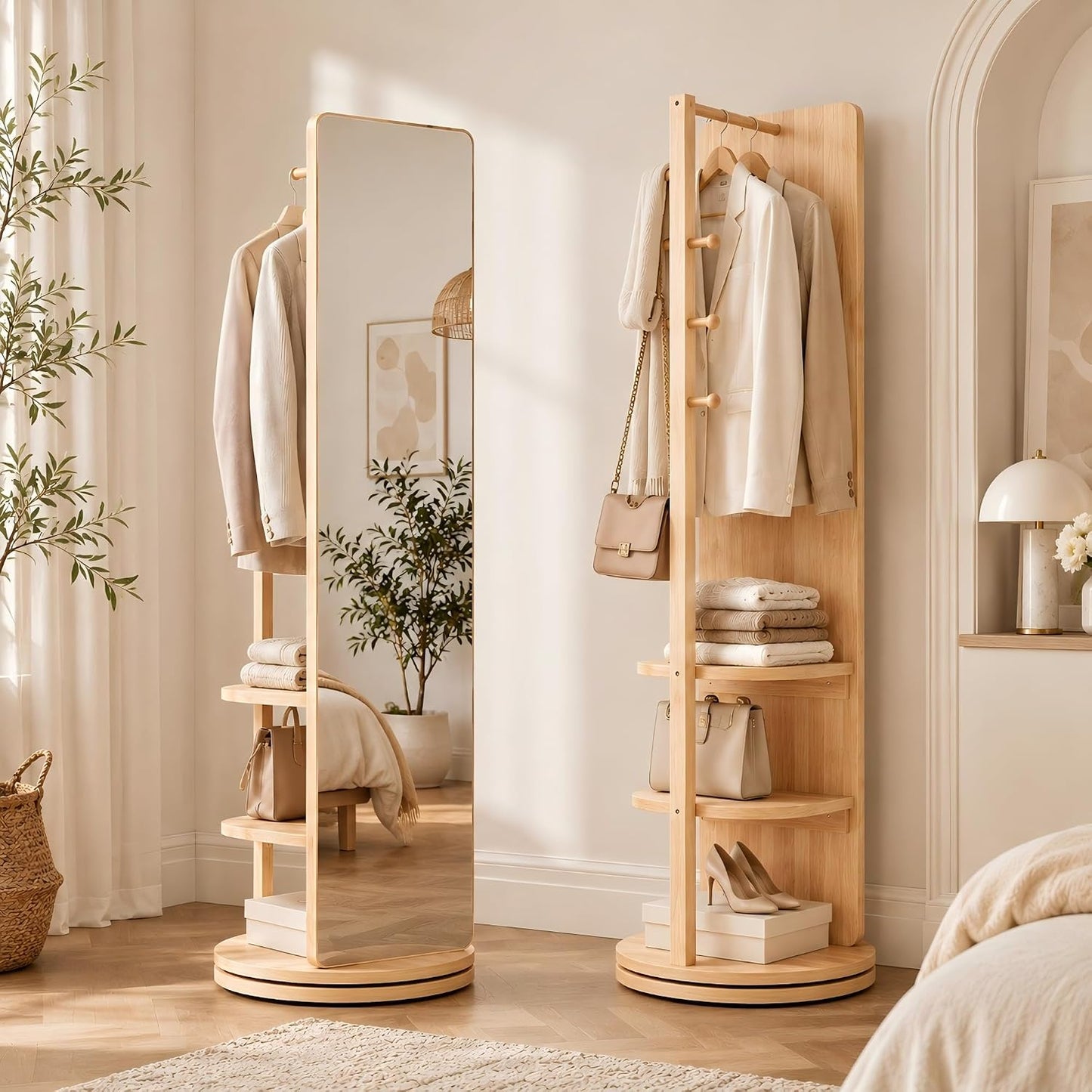 Full Length Mirror with Coat Rack & Storage, 360° Rotating Solid Wood Standing Floor Mirror with Shelves for Bedroom, Entryway, Dressing Room (Natural Wood, 66" x 18")
