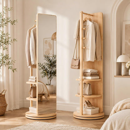 Full Length Mirror with Coat Rack & Storage, 360° Rotating Solid Wood Standing Floor Mirror with Shelves for Bedroom, Entryway, Dressing Room (Natural Wood, 66" x 18")