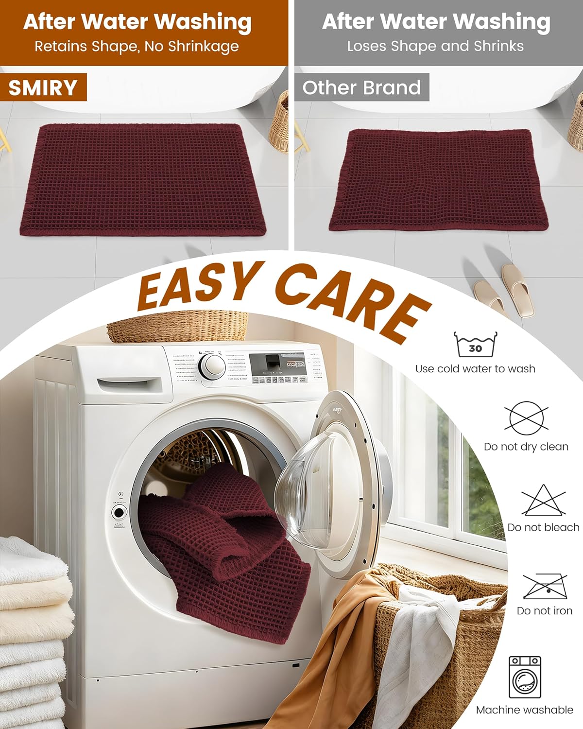 Smiry Waffle Bath Mat 30x20, Extra Soft Absorbent Bathroom Rugs, Non Slip Machine Washable Quick Dry Bath Rugs for Bathroom Floor, Tub, Shower, Home Decor Accessories, Brown